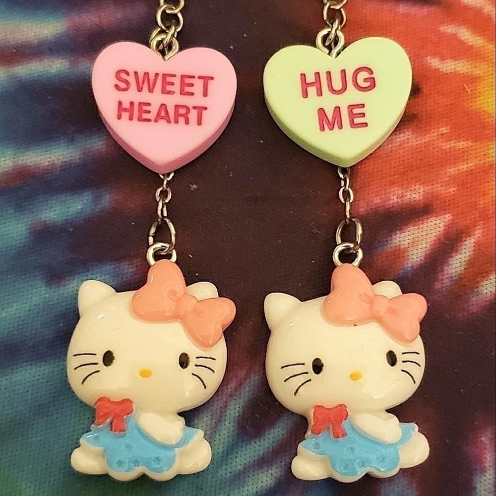 Handmade Lightweight Hello Kitty Candy Heart Dangle Chain Earrings